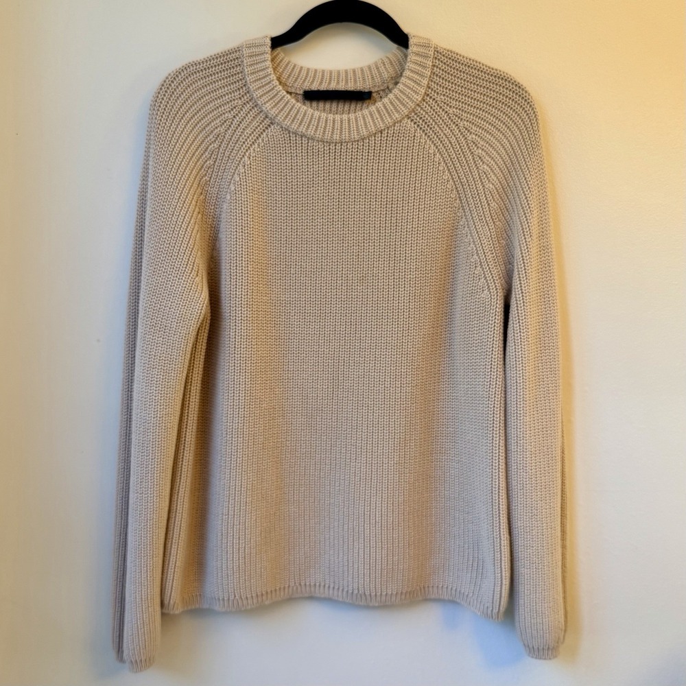 Jenni Kayne Crew Neck Fisherman Sweater Large Oatmeal Quiet Luxury Old Money